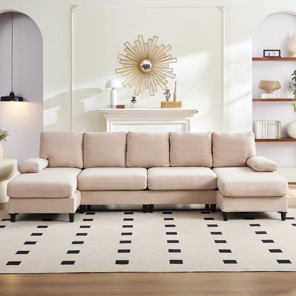 Mjkone Canapé Sectionnel en U, Canapé Sectionnel 4 Places avec Méridienne, Sectionnels Modulaires en Lin pour Salon - Beige