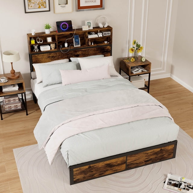 Costway Full Bed Frame with Charging Station Storage Headboard Under-bed Storage Space. This industrial-style bed frame features a rustic brown engineered wood headboard with integrated shelves for storage and organization. The headboard includes a built-in charging station with two power outlets, a USB port, and a Type-C port for convenient device charging. The sturdy metal frame with embedded slats eliminates the need for a box spring and supports up to 660 lbs. The 8-inch under-bed clearance provides additional storage space, while the non-slip foot pads and noise-free foam ensure stability and quiet use. Ideal for contemporary bedrooms, the bed frame measures 81.5 inches long, 54 inches wide, and 45.5 inches high.