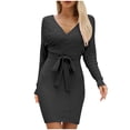 thumbnail image 1 of cfhntfmh Robes de Mode pour Femmes Hiver Automne Confortables à Manches Longues Portefeuille Robe Chandail à Col en V Détente Tricotée Moulante Robe Mini, 1 of 7