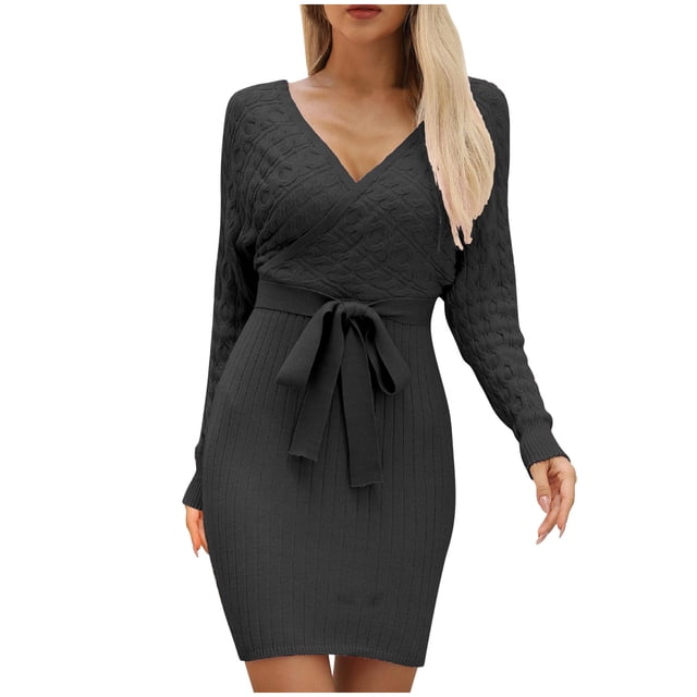 cfhntfmh Robes de Mode pour Femmes Hiver Automne Confortables à Manches Longues Portefeuille Robe Chandail à Col en V Détente Tricotée Moulante Robe Mini