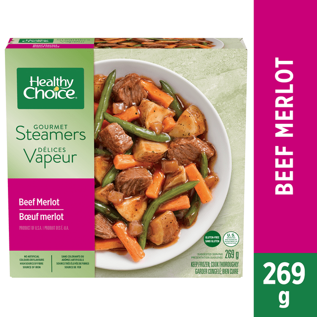 Healthy Choice Gourmet Steamers Souper Surgelé au Bœuf et Merlot avec steak de Bœuf Tendre, Pommes de Terre Rouges, Haricots Verts, Carottes, Oignons et Champignons dans une sauce au Vin au Merlot, 269 g. Sans Gluten, Sans Arômes Artificiels, Riche en Protéines, Idéal pour un Repas Nutritif Rapide.