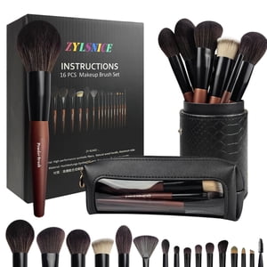 Brosses de maquillage 16 Pcs Makeup Brosse Set Professional, Poignée en bois Brosses de maquillage de voyage Set avec boîtier, Pinceau de maquillage synthétique en fibre synthétique premium sans cruauté avec support