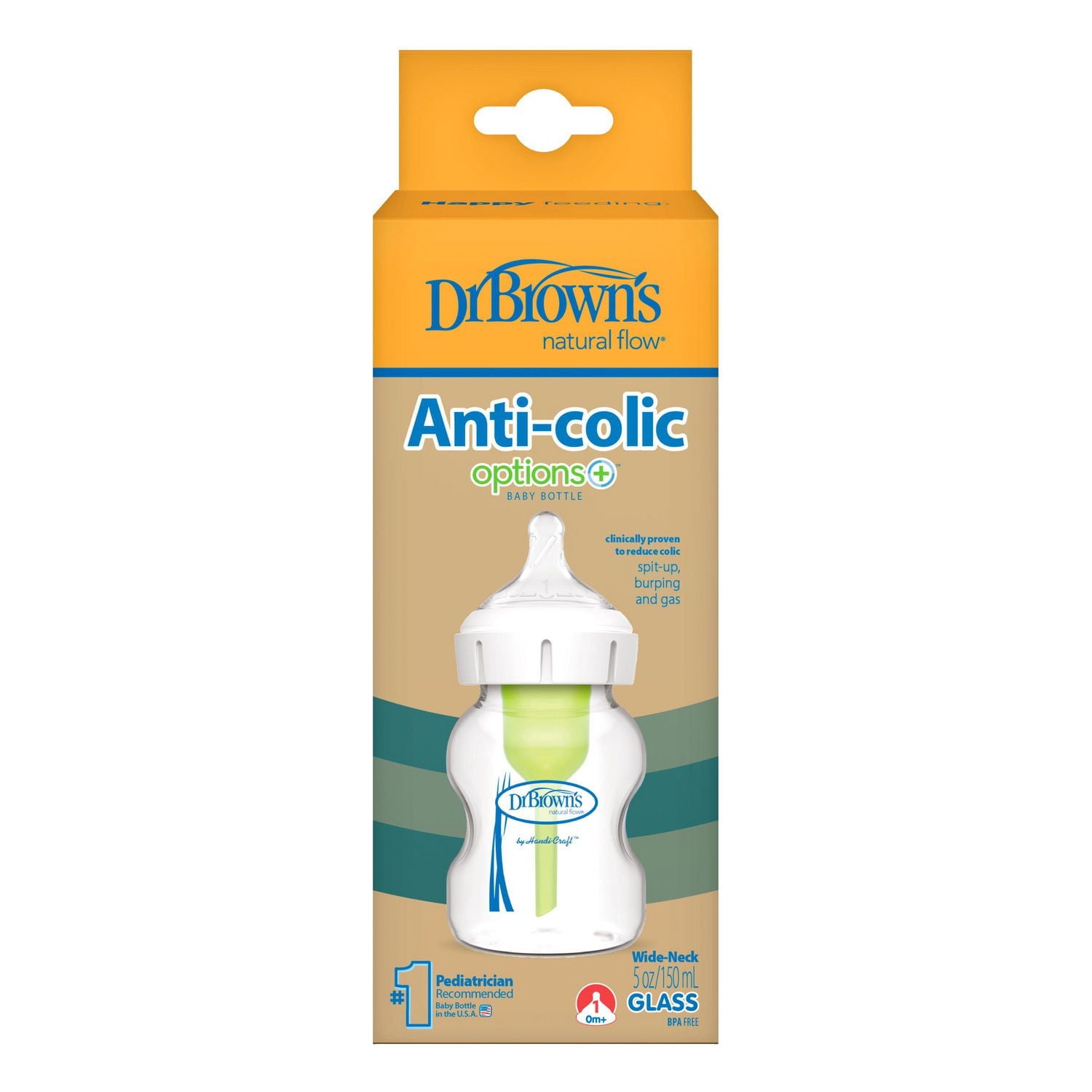 Dr. Brown's Natural Flow Anti-Colic Options+ Wide-Neck Glass Baby Bottle mL, with Level 1 Slow Flow Nipple, 0m+