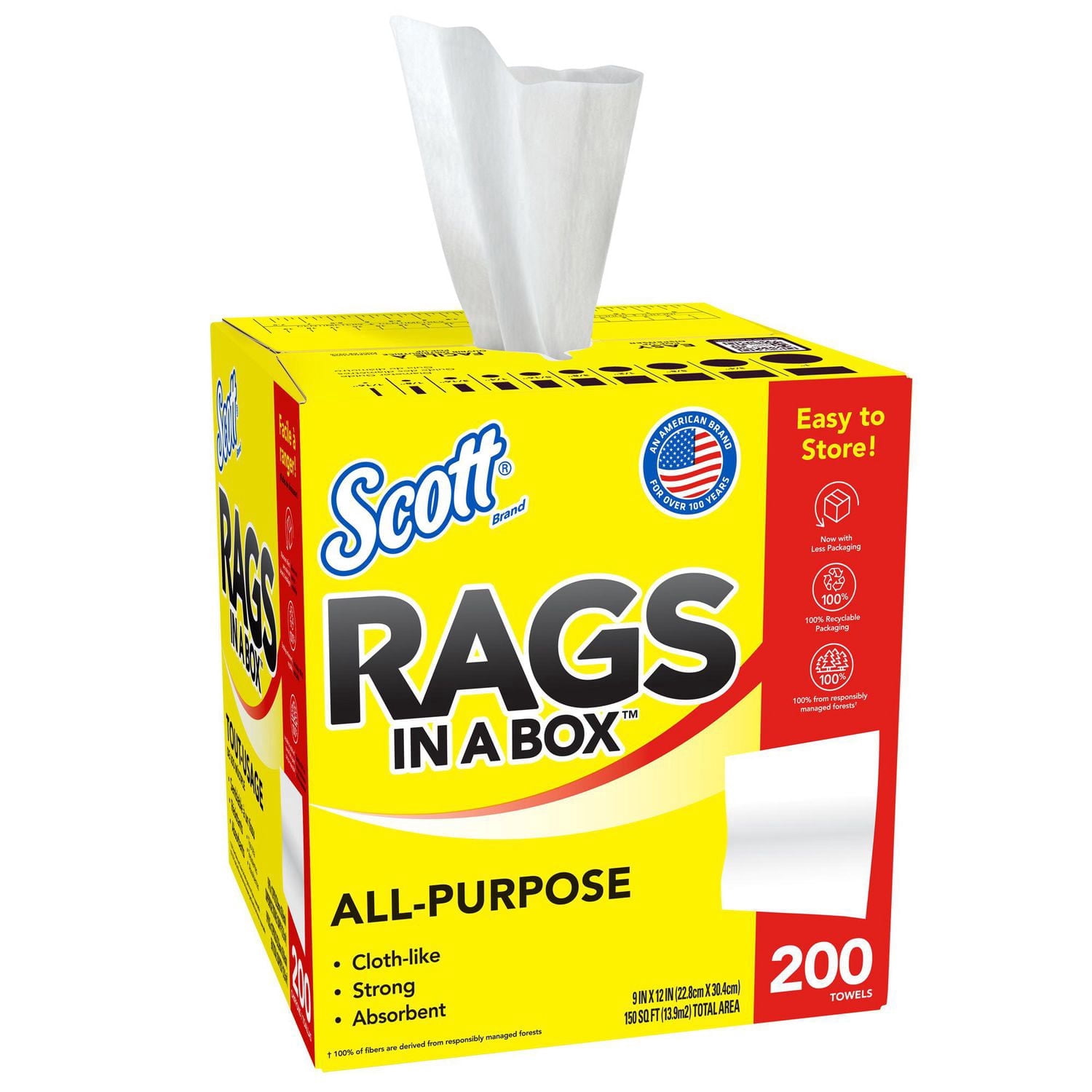 Scott® Rags In A Box™, All-Purpose Towels, 9"x12" sheets, Pop-Up™ Box (200 Towels/Box)
