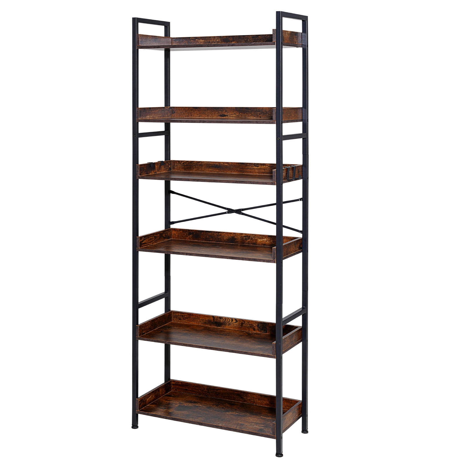 KFFKFF Industrial Bookshelf, 6-Tier, Vintage Ladder Shelf Bookshelves and Bookcases, with Metal Frame, Book Organizer with Open Shelves, Rustics Brown