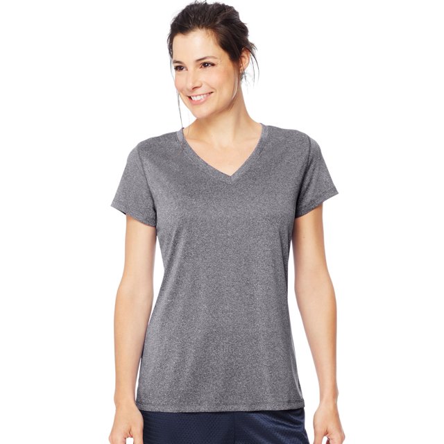 Hanes Womens Sport Heathered Performance V-Neck Tee, XL, Granite Heather