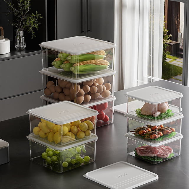 Organisateur Empilable pour Réfrigérateur, Contenant de Rangement Alimentaire Transparent avec Couvercle, Boîte à Collations pour Garde-Manger de Cuisine, Bac Refroidisseur Gain de Place, Organisation pour la Maison et le Bureau