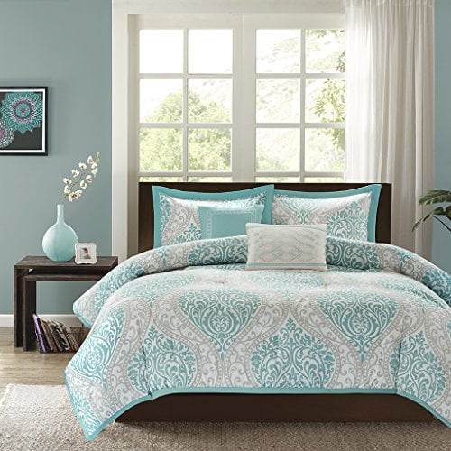 Intelligent Design - Senna -All Seasons Comforter Set -5 Piece - Aqua - Damask Pattern - Full/Queen Size - Includes 1 Comforter, 2 Shams, 2 Decorative Pillows - Ideal For Guest Room