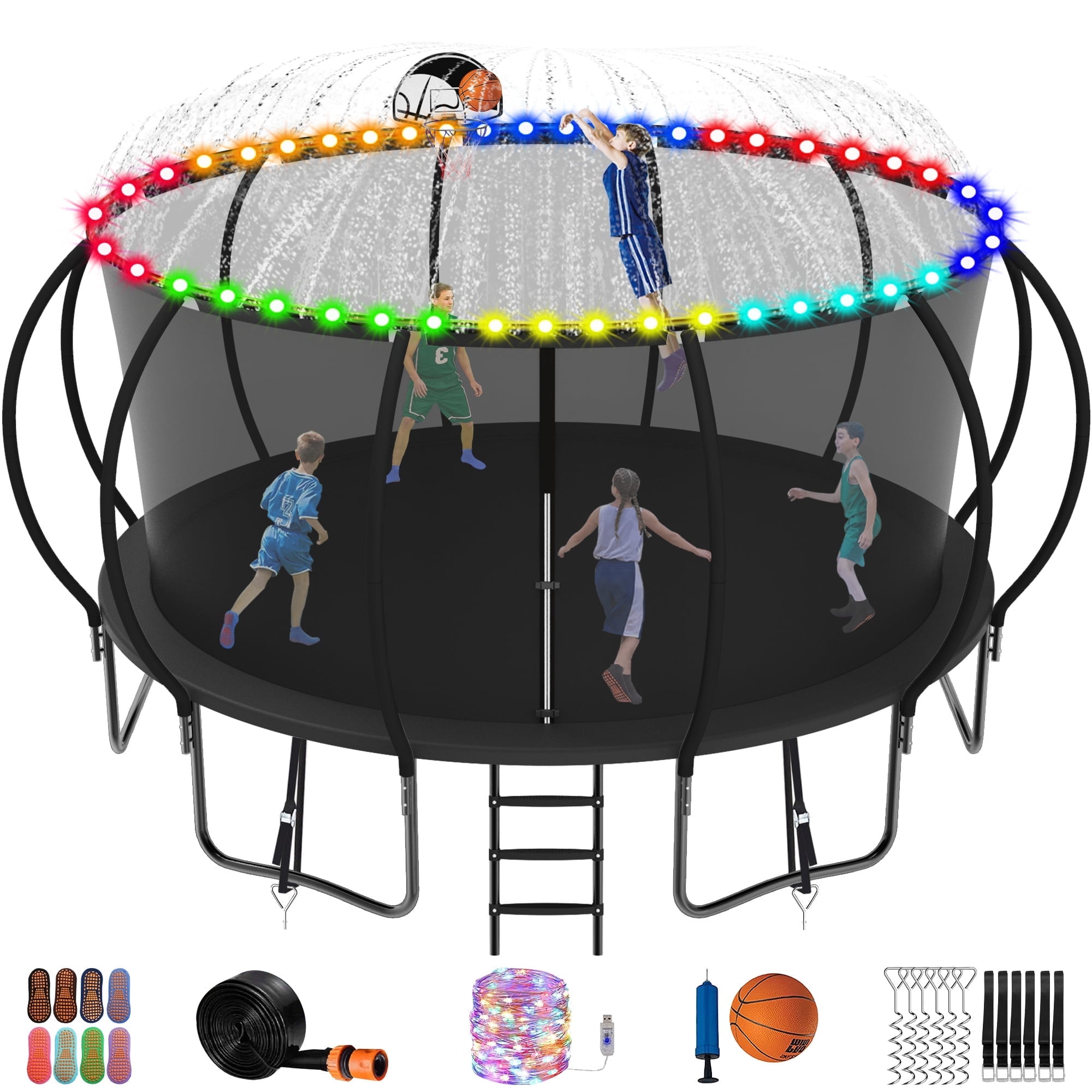 Jump Into Fun Trampoline 16FT, 1500LBS Trampoline for Kids and Adults with Enclosure, Basketball Hoop, Wind Stakes, LED light, Sprinkler and Socks, Outdoor Galvanized Full Spray Round Trampoline