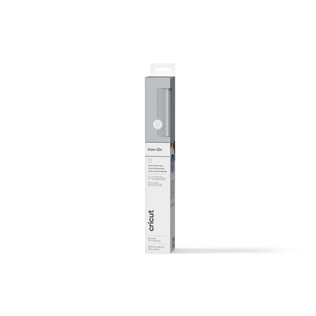 Cricut® Rouleau de Vinyle Thermocollant Argent de 2 Pi, 12 Po par 24 Po (30,5 cm par 61 cm), en Emballage Mince Blanc et Gris avec Vinyle Argenté visible, Optimisé pour les machines de Découpe Cricut et les presses à Chaud, Idéal pour Personnaliser les Tissus et Superposer des designs dans les Projets d'Artisanat.