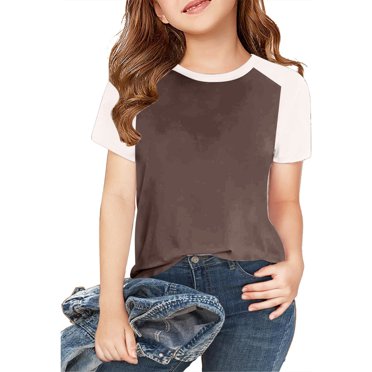 VKOYWKM Toddler Girls T-Shirts Trendy Color Block Raglan Short Sleeve T Shirts Casual Crew Neck Tops Soft Loose Fit Summer Tshirts Coffee 10 Years