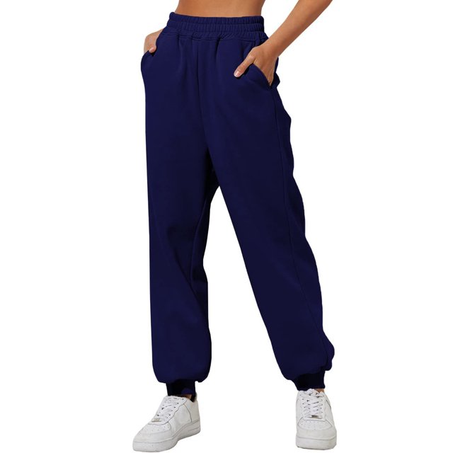Innerwin Jogger Pants With Pockets Women Trousers Sports Solid Color Lounge Sweatpants in navy blue, size S. Women's sweatpants feature a high elastic waist, full-length design, and relaxed fit with pockets. Made from 95% polyester and 5% spandex for stretch and comfort. Ideal for casual, daily wear, lounging, or yoga.