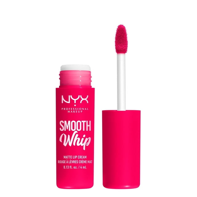NYX PROFESSIONAL MAKEUP Smooth Whip Matte Lip Cream in bright pink tube with white text, showing the open applicator wand coated in vibrant pink matte lipstick. This 4ml vegan formula lip cream delivers smooth, long-lasting colour ideal for layering.