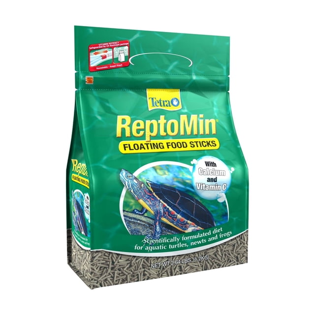 ReptoMin Floating Food Sticks for aquatic turtles, newts, and frogs in a green resealable bag featuring a turtle image, scientifically formulated with calcium and vitamin C to support vitality and health, containing 2.64 lbs (1.2 kg) of floating food sticks suitable for daily feeding.