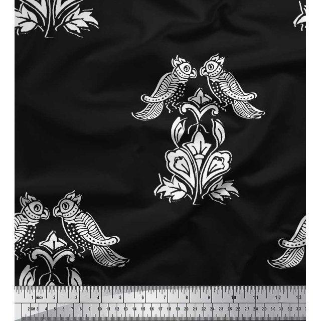 Soimoi Polyester Crepe Fabric Leaves,Bird & Floral Block Print Sewing Fabric Yard 42 Inch Wide