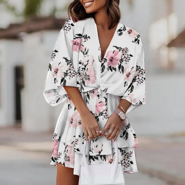 Women‘s Floral Print Mini Dress Pleated V Neck Drawstring Elastic Waist Ruffle Layered Mini Dress