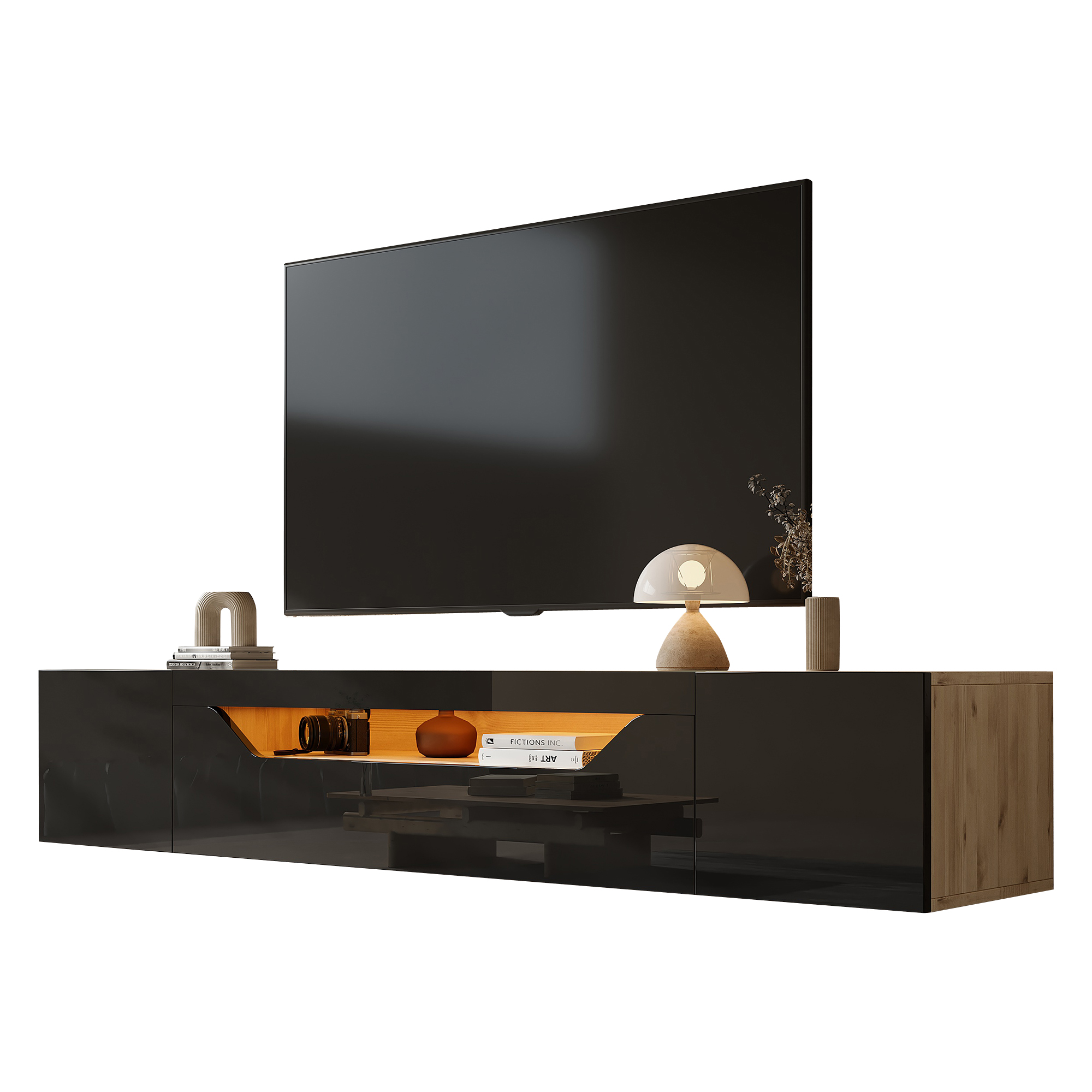Homy Casa 64.9" Wall-Mounted TV Stand with LED Lights and 3 Storage Compartments, Black and Natural