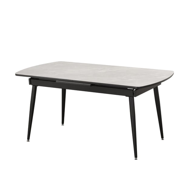 Table de Salle à Manger avec Rallonge, Noir/gris avec un Plateau Rectangulaire en Papier Marbre sur Toile Blanche avec des Veines Grises en Cascade, Supporté par des Pattes Métalliques Épanouies Enduites de Poudre Noires, Comprend une Rallonge Amovible de 18 Pouces sur Glissières Métalliques, Convient aux Cuisines et Salle à Manger Contemporaines.