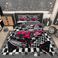 thumbnail image 1 of Erosebridal Ensembles de Literie Voiture de Course pour Filles Double avec Couette pour Enfants Ados, Insert de Couette Drapeau de Course, Noir Rose Vif, Réversible 3 Pcs, 1 of 7