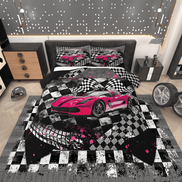 Erosebridal Ensembles de Literie Voiture de Course pour Filles Double avec Couette pour Enfants Ados, Insert de Couette Drapeau de Course, Noir Rose Vif, Réversible 3 Pcs