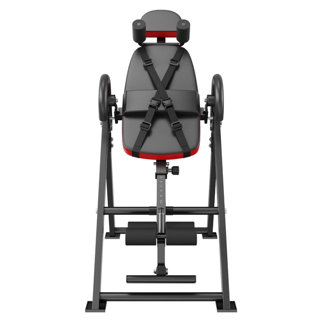 KFFKFF Inversion Table for Back Support in red and black, featuring a durable steel frame with a 300 lbs weight limit. The table includes a padded headrest, secure ankle clasp, adjustable safety strap, and ergonomic handrails. Designed with a foldable frame for easy storage and adjustable height to accommodate users from 4.9 to 6.2 feet. The backrest is cushioned with PU leather for comfort, and the table is equipped with removable shoulder rollers and enlarged footpads for added stability during inversion therapy.