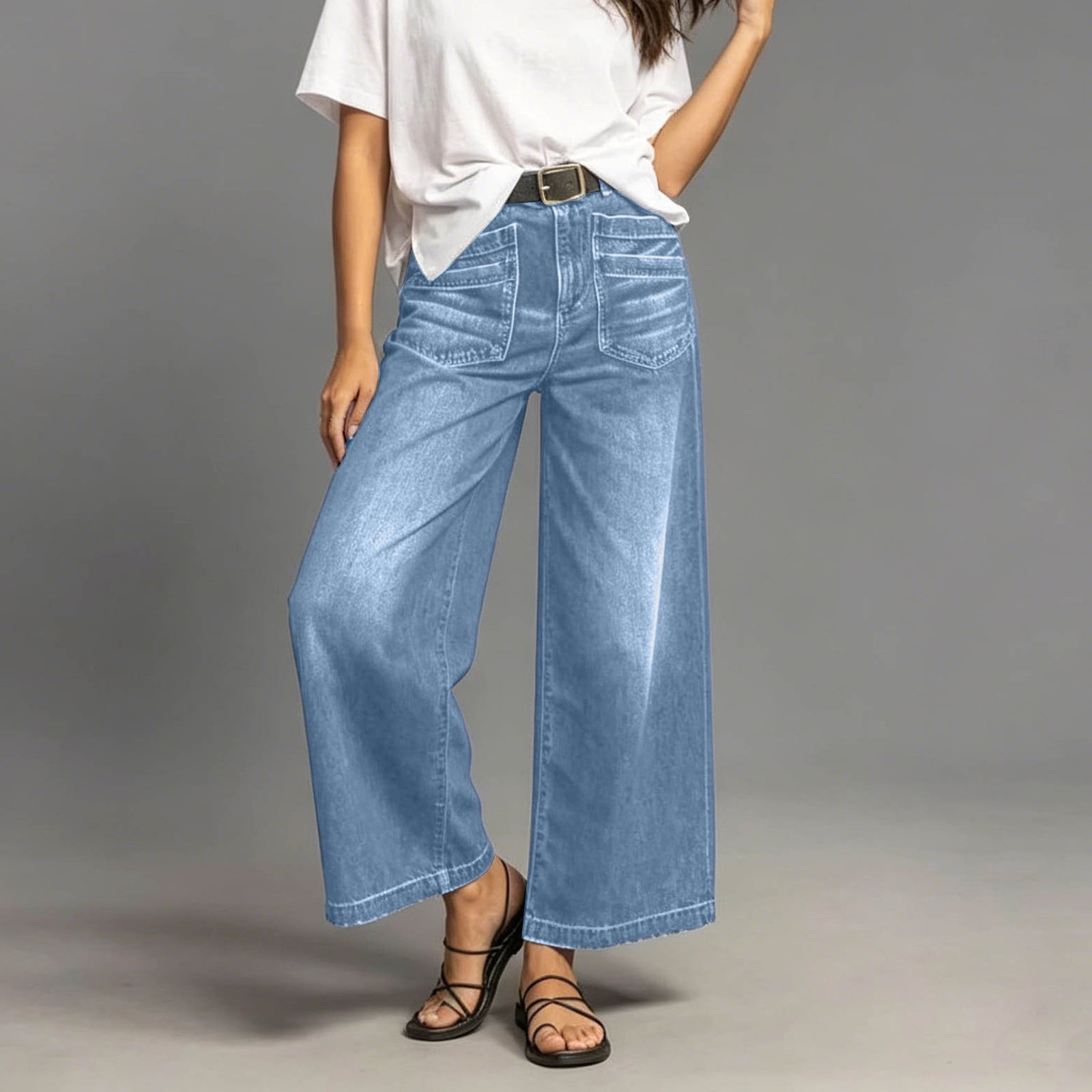 Zulora Women's High Waisted Wide Leg Jeans Solid Color Washed