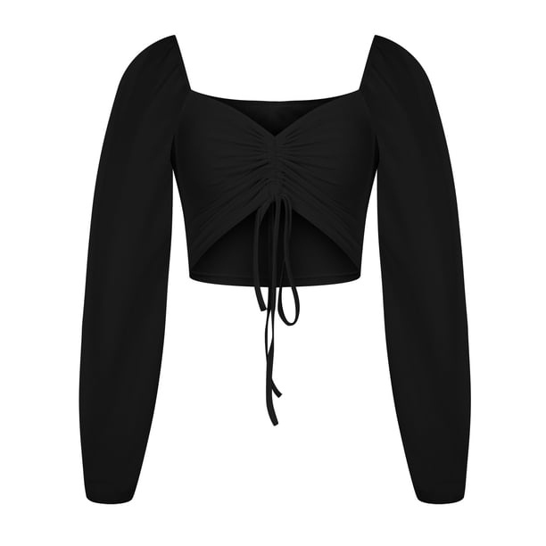 Lenpel Women's T Shirts Lantern Long Sleeve Deep V Neck Drawstring