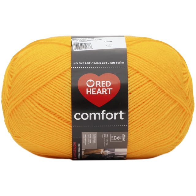 Red Heart® Comfort® Fil en Acrylique Solide Jaune Vif #4 Poids Moyen, 16oz/454g avec 867 Verges, Montrant l'Étiquette avec le logo Cœur de la Marque et des instructions d'Entretien, Idéal pour le Tricot, le crochet et pour Préparer des Jetés Ou des Couvertures Douillets.