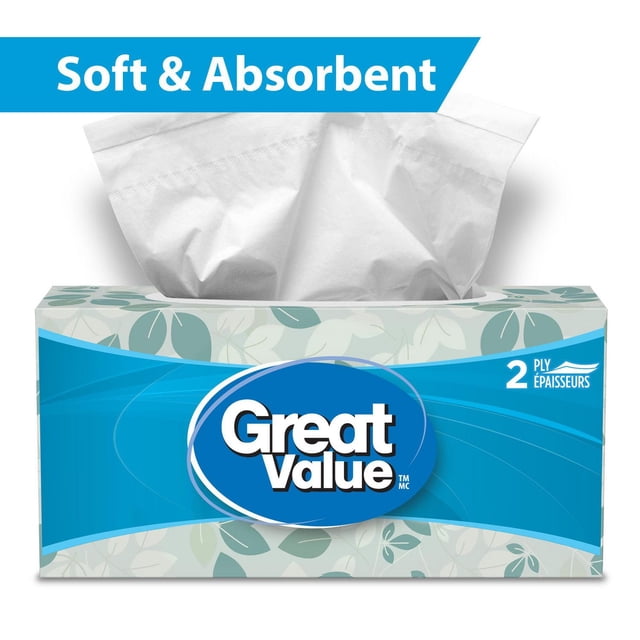 Great Value, Facial Tissues, 1 flat box with 126 two-ply tissues, featuring a blue and green leaf-patterned box and a white tissue partially pulled out, highlighting softness and absorbency for household use.