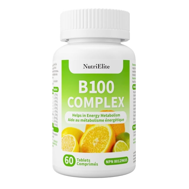 Nutri Elite B100 Complex bottle containing 60 tablets, designed to support energy metabolism, red blood cell formation, and overall wellness. The label highlights benefits such as maintaining healthy hair, skin, and nails, and supporting immune and liver function. The green and white packaging features citrus imagery, emphasizing vitality and freshness.