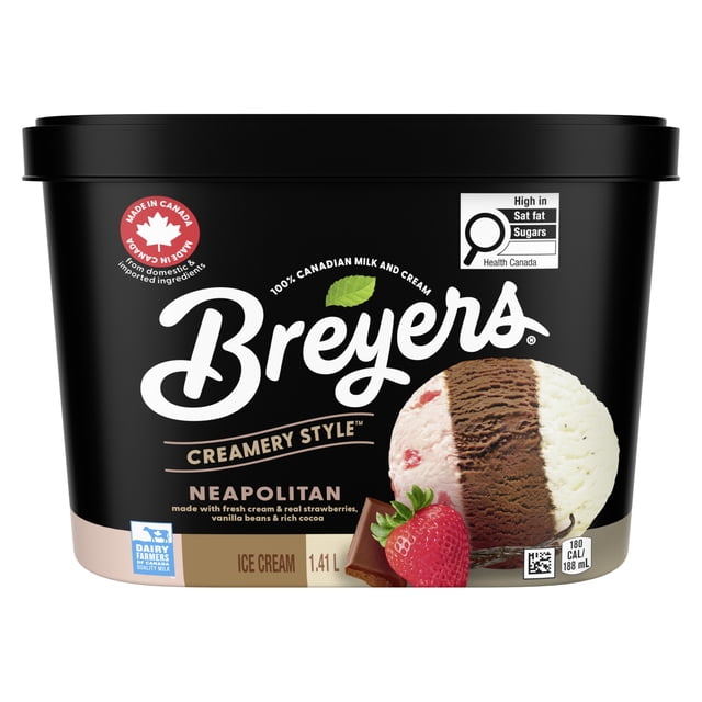 Crème Glacée faite avec de la crème fraîche, de vraies fraises, des gousses de vanille et du cacao riche Breyers Style Crèmerie Napolitaine lait et crème 100 % canadiens 1,41 L 1.41 L
