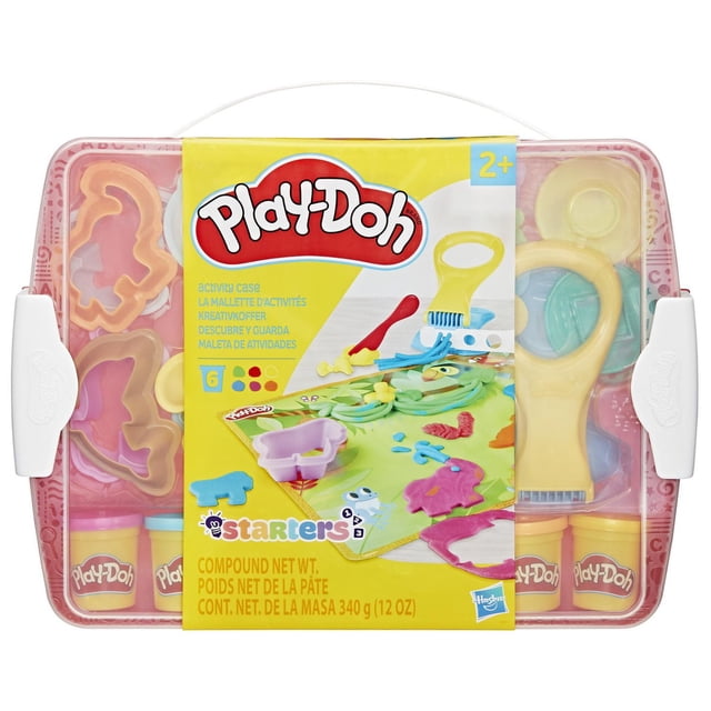 Play-Doh Activity Case kids toys with a clear plastic storage case and white handles. Includes six cans of Play-Doh modeling compound, chunky yellow and red tools, animal and vehicle cutters, and three double-sided playmats for creative clay and dough arts and crafts play.
