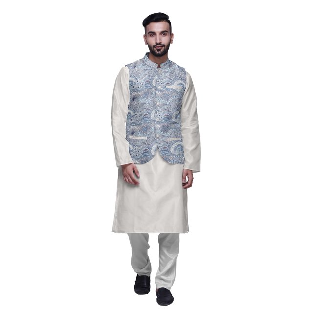 Atasi Kurta Solid Churidar Pajama & Printed Nehru Jacket Set For Mens Party Wear