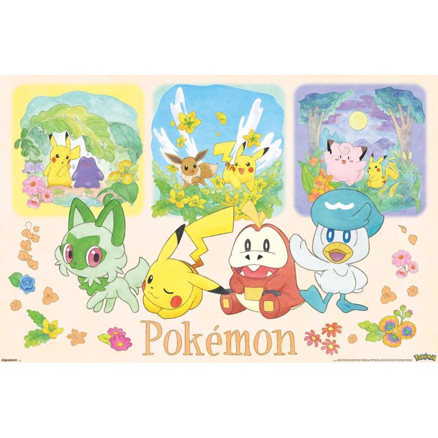 Pokémon : One Scene - Affiche Murale de Groupe, 14,725 Po x 22,375 Po Encadrée avec des illustrations Vibrantes de Personnages Pokémon, Dont Pikachu, Eevee, Cleffa, et d'Autres, dans des poses Ludiques, sur Trois Panneaux aux Couleurs Pastel Entourés de Fleurs et de Verdure, Convient comme art Mural et Déco de Pièce.