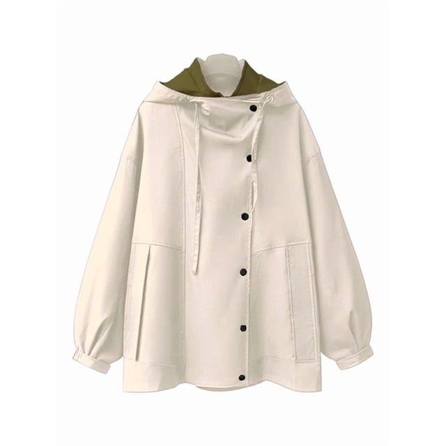 Female'S Hooded Trench Coat Lapel Button Down Jacket Color Block Mid-Length Windbreaker Apricot M