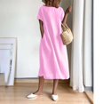 thumbnail image 4 of LOVZFMLL Women's Summer Fashion Solid Color Round Neck Short Sleeve Linen Dress Pink L, 4 of 9