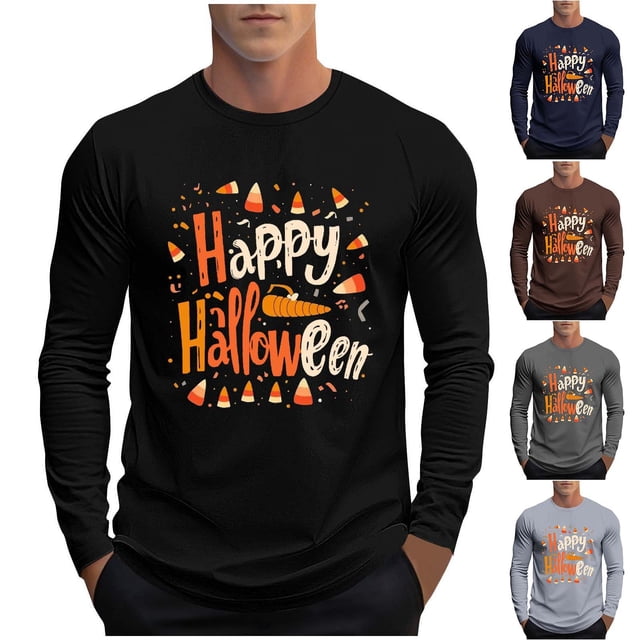 YOIAVAIOY T-Shirts à Manches Longues pour Hommes de Fête T-Shirt Graphique Fantôme à Manches Longues Col Rond Chandail d'Halloween Hauts de Mode d'Automne Gris TG