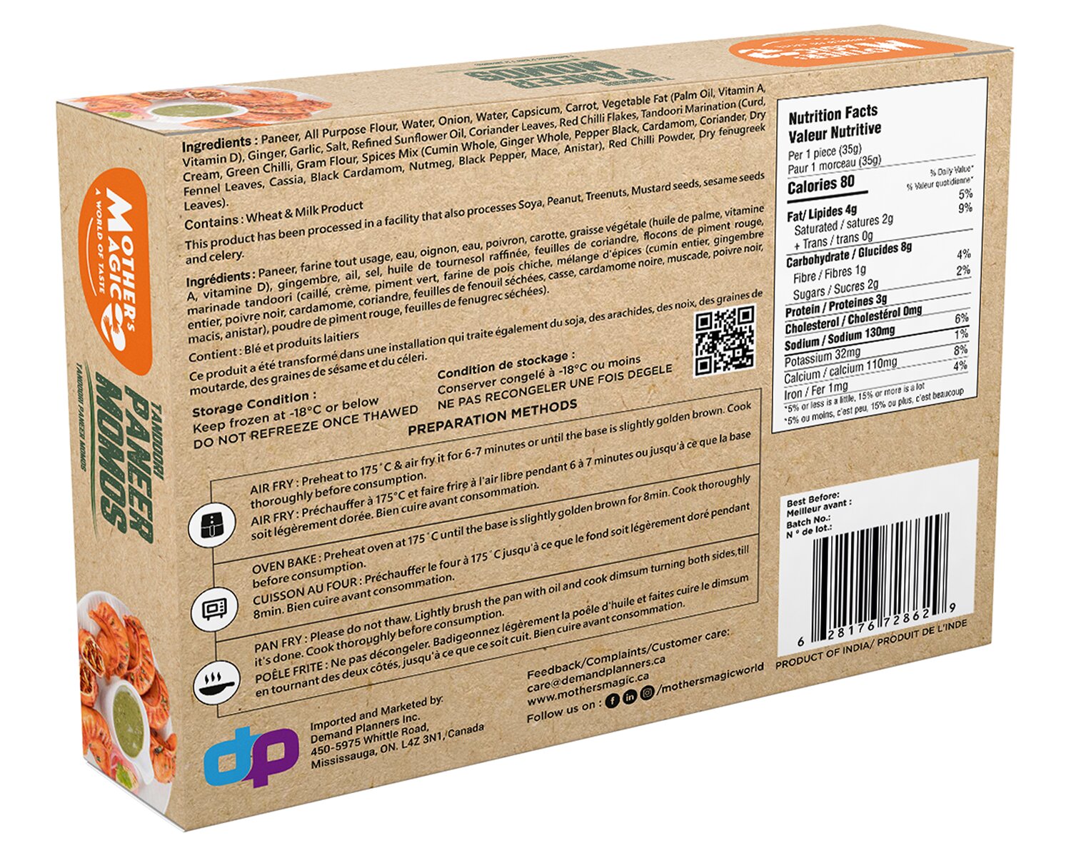 Momos tandoori au paneer Mothers Magic 350 g Momos tandoori au paneer – sachet 350 g, surgelés, paneer crémeux aux épices tandoori, prêt à cuire, apéritif aromatique et savoureux.