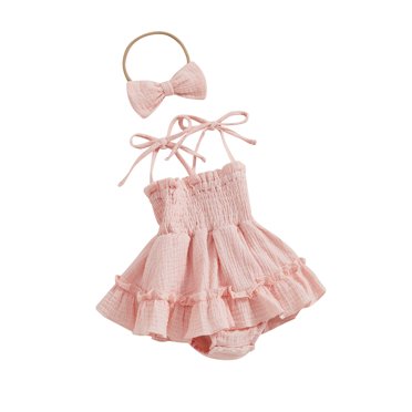 EYIIYE Robe d'Été Mignonne pour Bébé Filles 0-18M Robe Princesse Sans Manches Bretelles Réglables Body Robe Couleur Unie avec Bandeau Vêtements Quotidiens pour Petite Fille