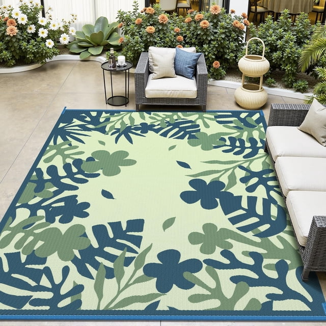 Outdoor Rug 6x9 ft Outdoor Carpet Camping Mat-Modern Floral & Leaf Rugs Reversible Mat Plastic Straw Rugs for Patio Camping RV Porch Balcony Backyard Picnic Deck Beach Green&Blue
