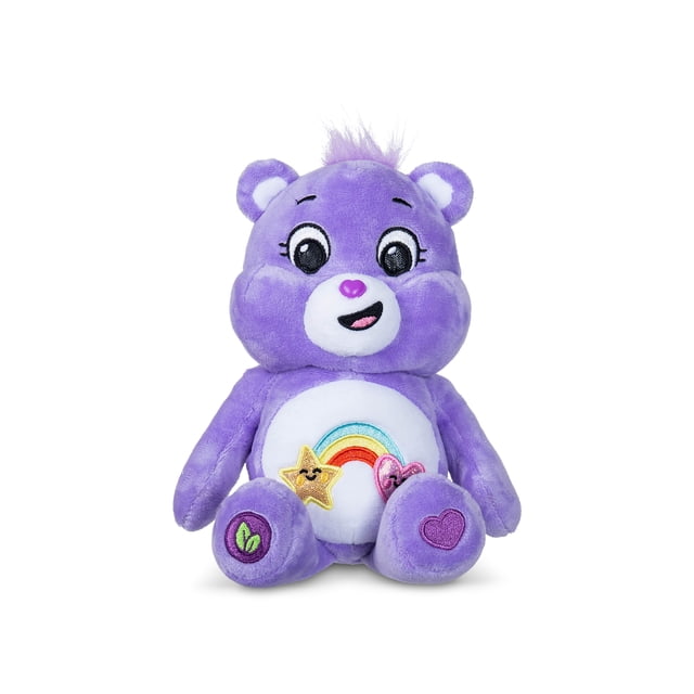 Care Bears Fun Size Sparkle Plush (Eco) - Best Friend Bear, a 9-inch purple plush with a white belly featuring a glittery rainbow, smiling star, and heart badge, made from soft sustainable materials, perfect for cuddling and travel companionship.