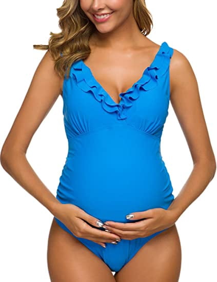 One Piece Maternity Swimsuits Ruffle Flounce Swimwear Falbala Monokini Deep V Neck Bathing Suits Blue (L
