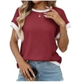 thumbnail image 1 of FRSASU Chandail à Manches Courtes pour Femmes Col Ras du Cou Hauts d'Été Tendance Voyage Tenue de Ville Décontractée Chandail Bordeaux m(m), 1 of 7