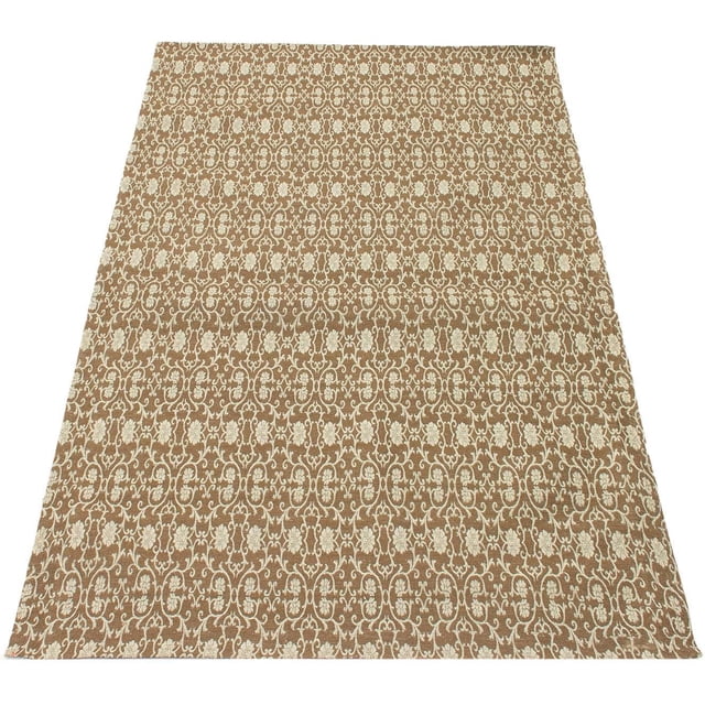 ECARPETGALLERY 5'7" x 7'9" contemporary collage handmade area rug in brown featuring a repeating beige floral and vine pattern, shown flat from above, ideal for living room, dining room, or bedroom use and suitable as a decorative floor accent.