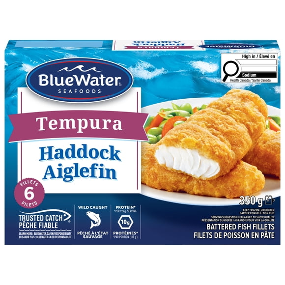 BlueWater Seafoods Tempura Haddock Fish Fillets, Wild Caught Haddock, Frozen, Package, Tempura Haddock fish fillets