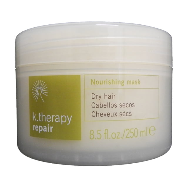 K.Therapy Repair Nourishing Mask by Lakmé in an 8.5 fl. oz. (250 ml) container. Designed for dry and very dry hair, it features active agents like Acqua-Oil Complex, Babassu oil, and Macadamia oil. The mask hydrates, nourishes, and reconstitutes the protective hydrolyptic layer, providing long-term scalp comfort and making hair easier to comb.