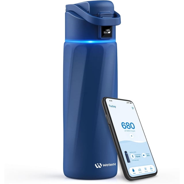 WaterH Boost 24 oz Bouteille d'Eau Intelligente en Acier Inoxydable Bleu Magnétite avec Suivi d'Hydratation Bluetooth, Rappel de Lueur LED Près du Couvercle Étanche, et Téléphone Intelligent Affichant la Progression d'Hydratation de l'App WaterH.