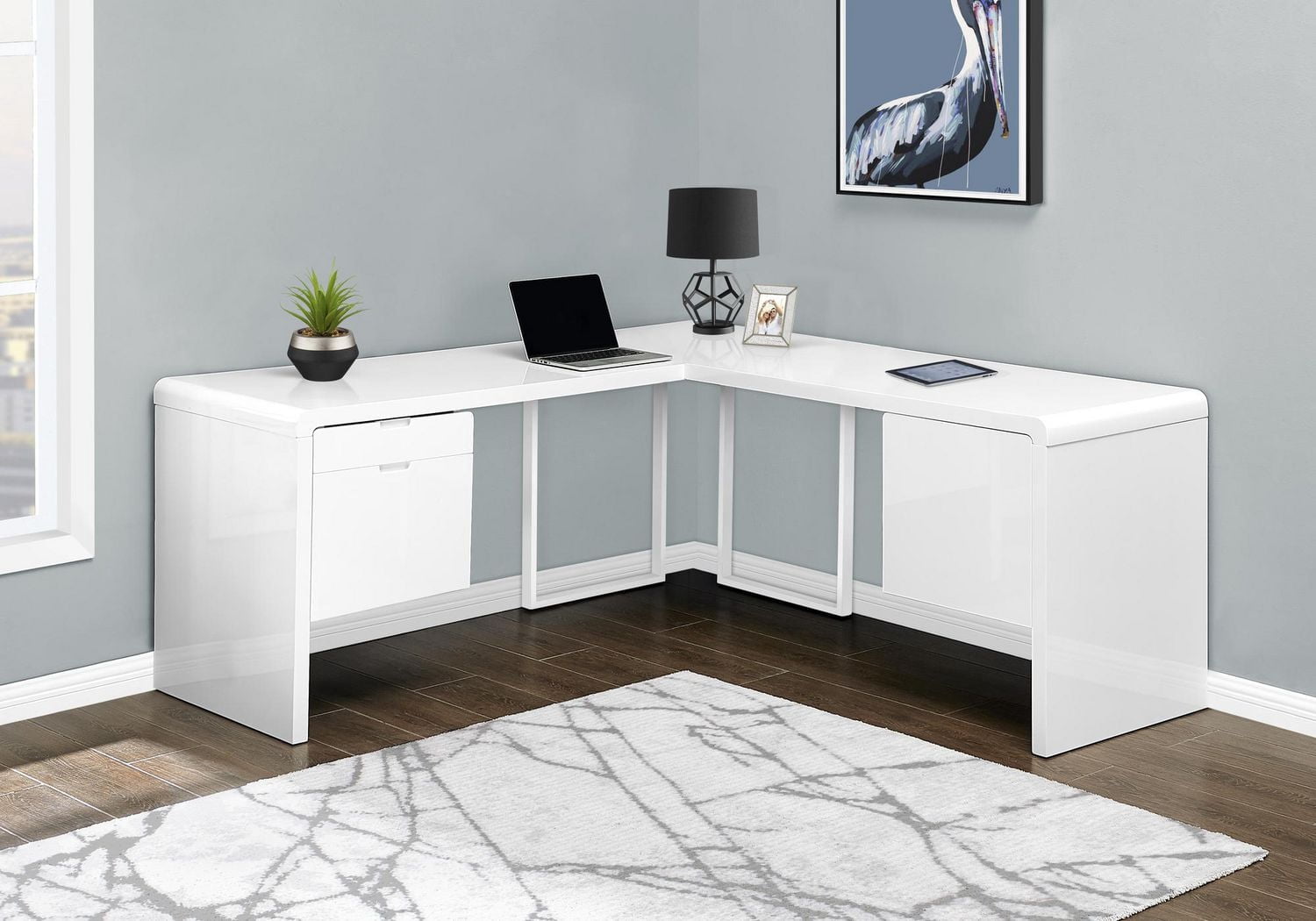 Monarch Specialties Computer Desk, Home Office, Corner, Left, Right Set-up, Storage Drawers, 72"l, L Shape, Work, Laptop, Laminate, Metal, Glossy White, Contemporary, Modern