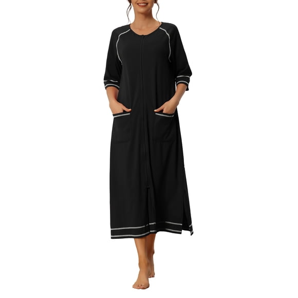 INSPIRE CHIC Women Zipper Robe Long Sleeve Loungewear Housecoat Midi Nightgown with Pockets M Black