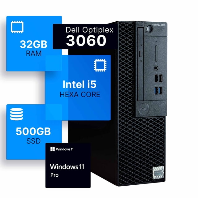 Dell Optiplex 3060 Ordinateur de bureau Intel i5-8500 (3.2) | 32GB DDR4 RAM | 500GB SSD État solide des fenêtres 11 Professionnelle PC (Rénové)